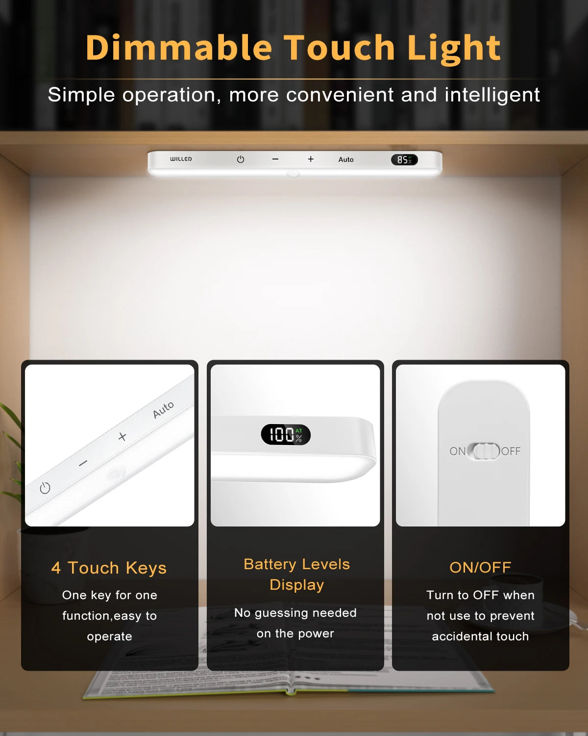 LED Motion Sensor Cabinet Light Battery Display Touch Light Bar