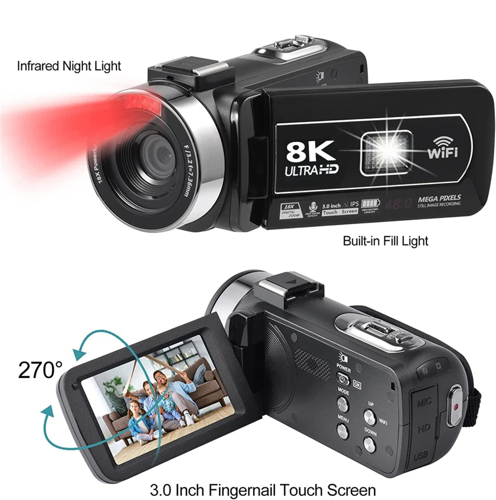 8K Professional Video Camera 18x Digital Zoom Camera Ultra HD WIFI Portable Recording