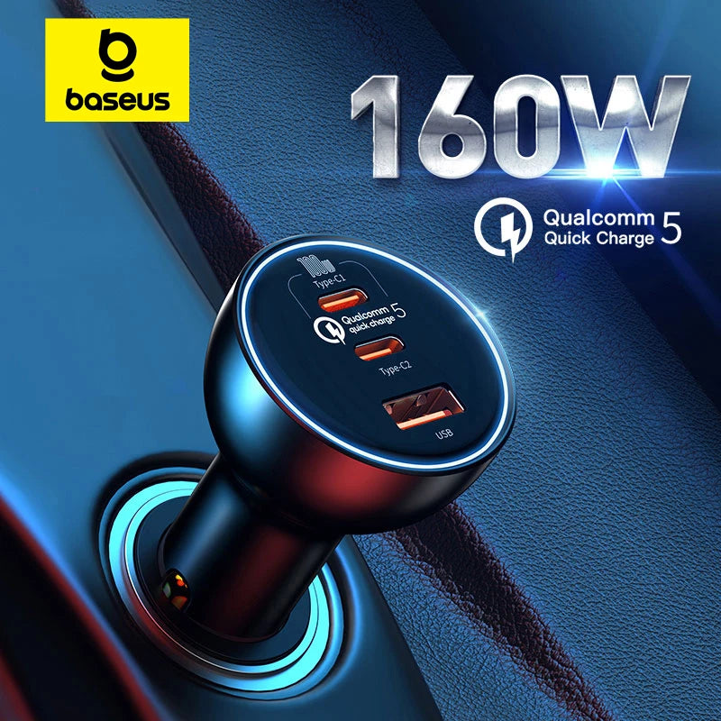 Baseus 160W Car Charger QC 5.0 Fast Quick Charging USB Type C Car Phone Charger