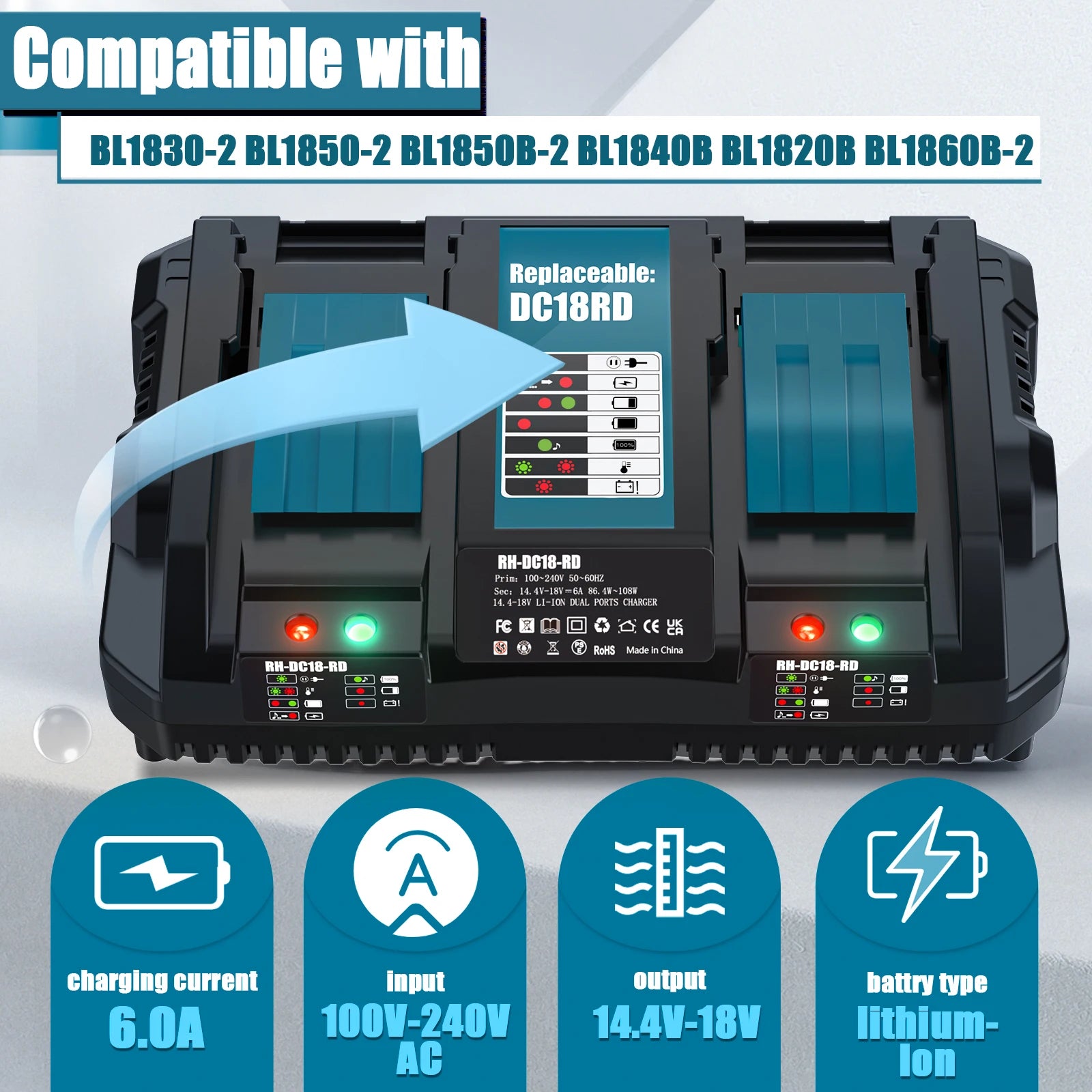 3A 6A For Makita 18V Charger For Makita Battery Adapter DC18RA DC18RC DC18RD BL1880 BL1830 BL1860 BL1890 Screwdriver Charger