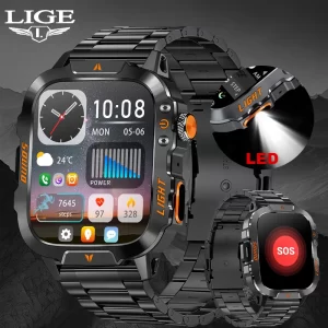 LIGE 1.96-inch Screen Rugged Military Smart Watch Men Outdoor Watch lP68 Waterproof Bluetooth Call Smartwatch For Android lOS